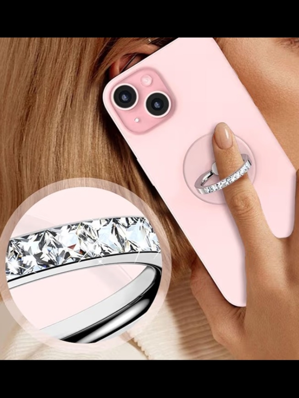 Clear Phone Ring Holder with Silver Crystal Accent